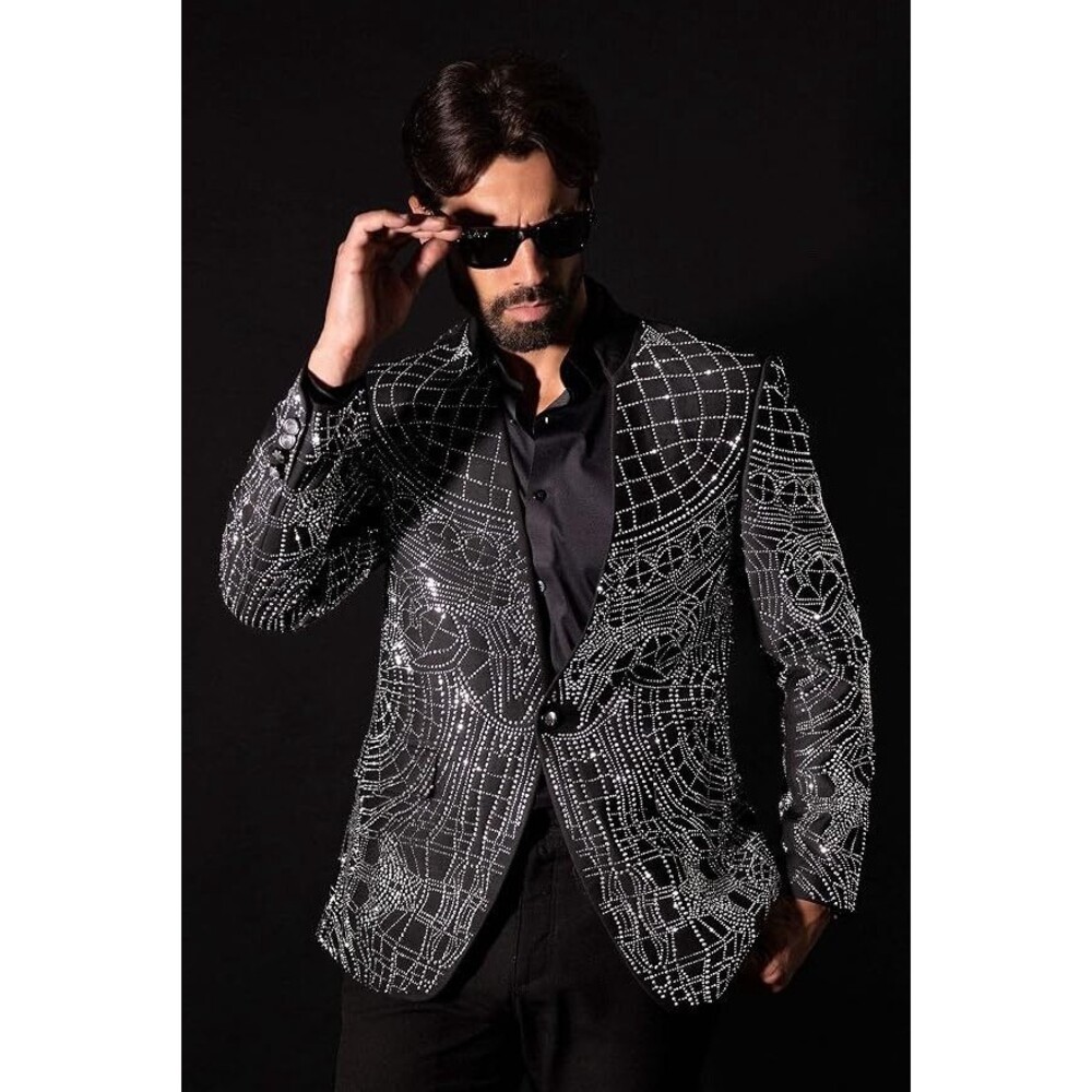 BARABAS Dignified Mod Rhinestone Luxury Blazer Jacket Black Silver 38R 3BLR14 Nw